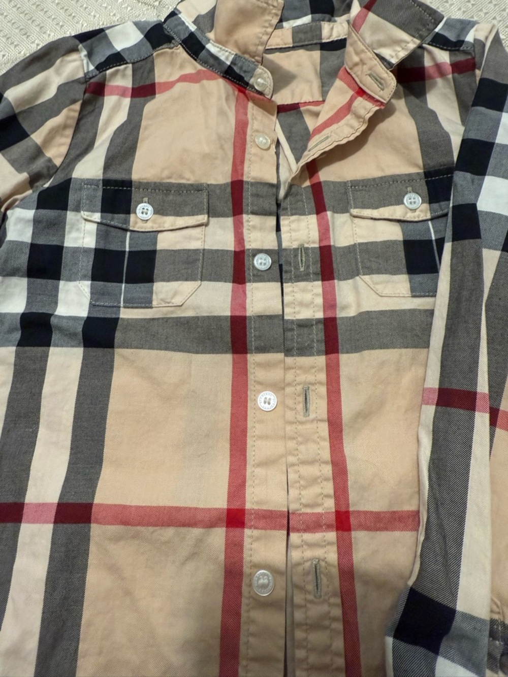 Burberry Beige, Black & White Plaid Button-Down Shirt